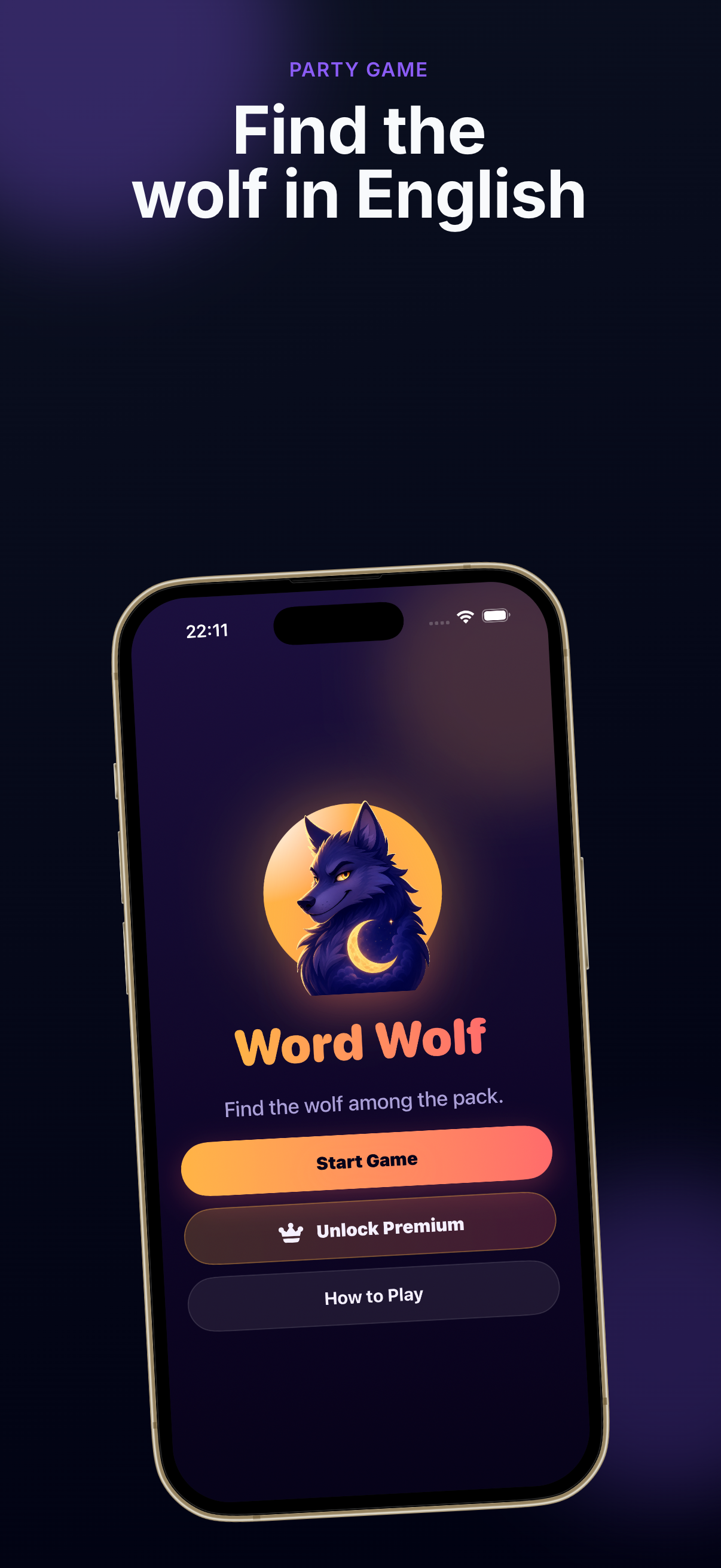 Word Wolf English home screen and main game call to action
