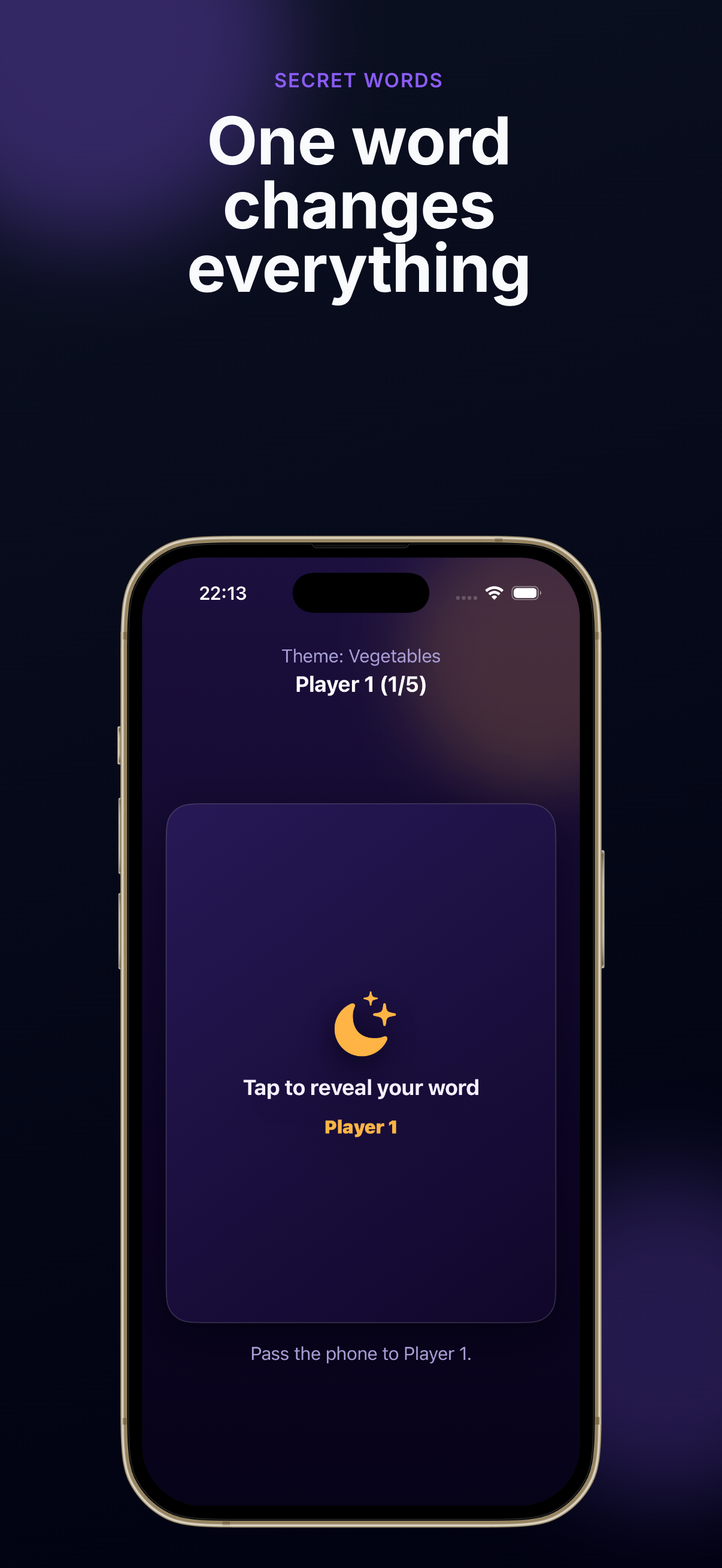 Secret word reveal screen for pass and play rounds