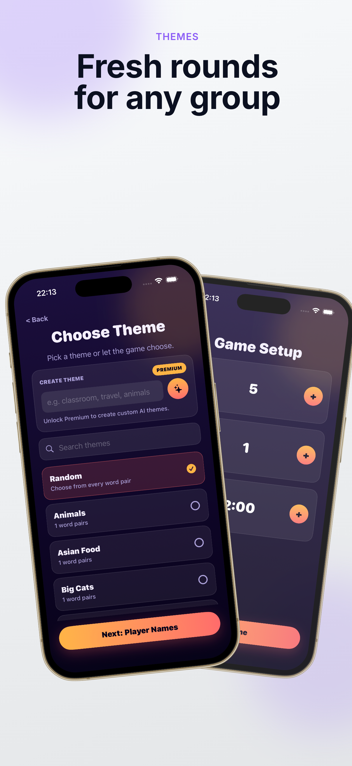 Theme selection and game setup screens