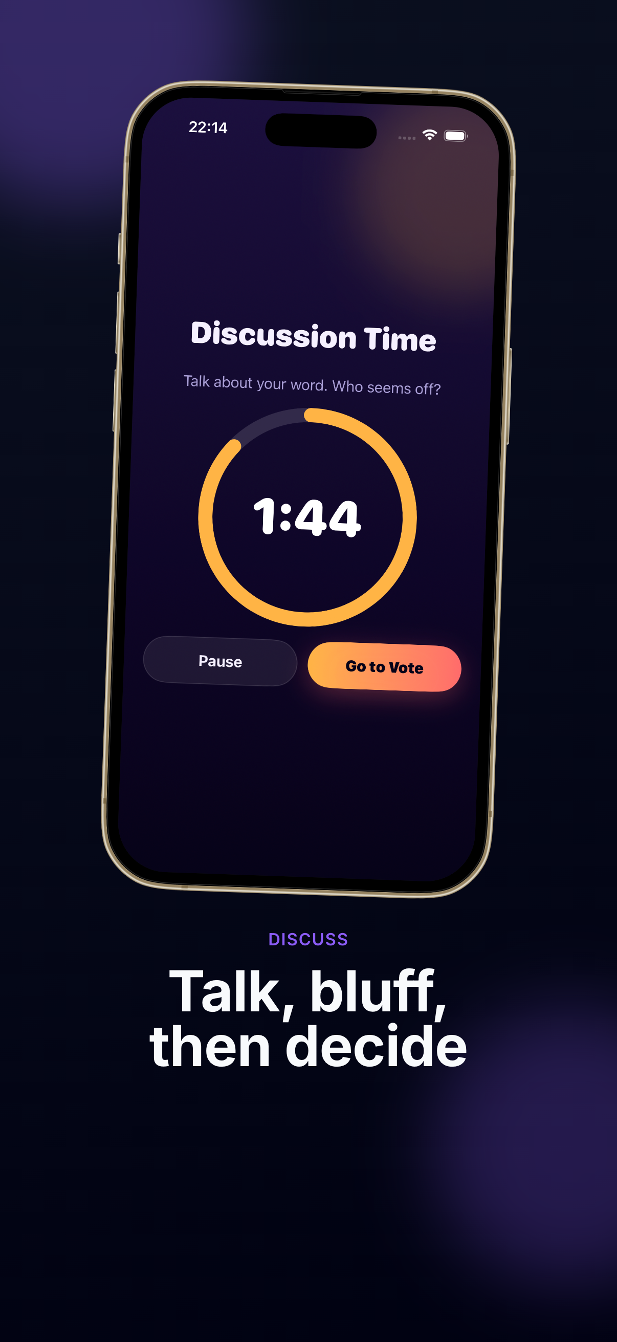 Discussion timer screen for talking and bluffing