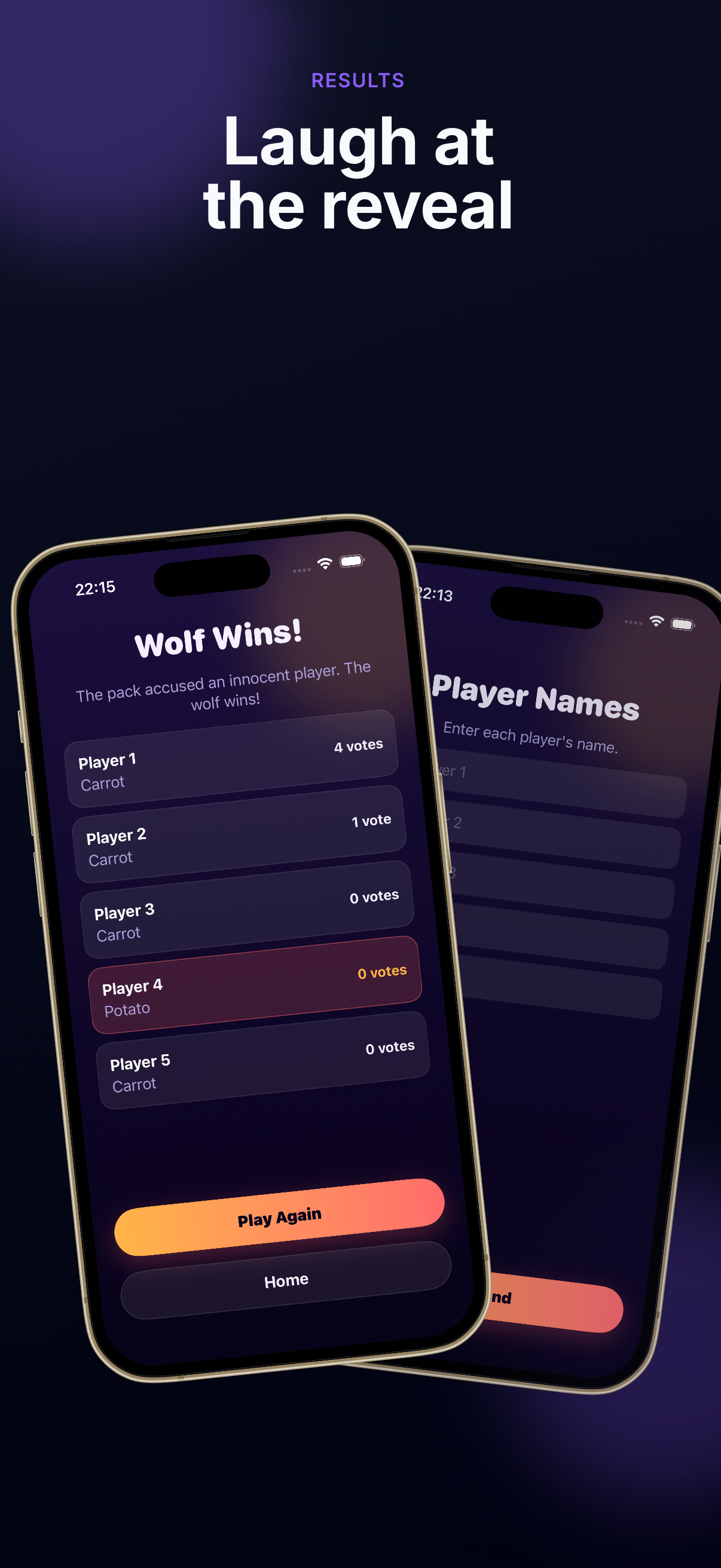 Results screen revealing the wolf and the players' words